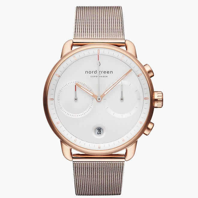 PI42RGMEROXX &Rose gold men's watch with white face and mesh strap
