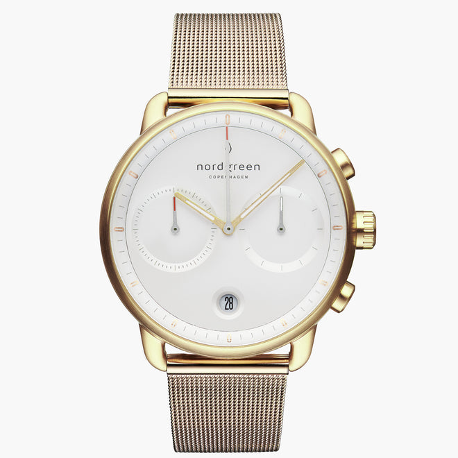 PI42GOMEGOXX &Gold men's watch with white face and mesh strap