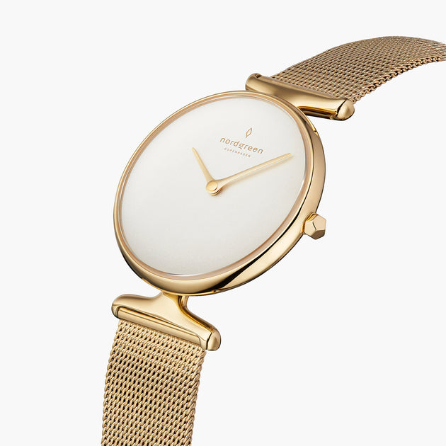 UN28GOMEGOXX UN32GOMEGOXX &Unika gold watches for women with white dial and mesh strap