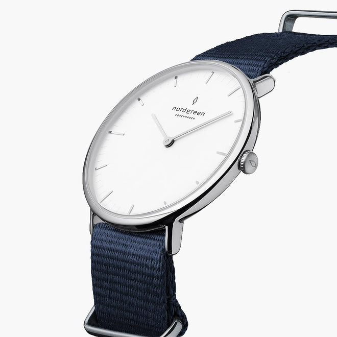 NR36SINYNAXX NR40SINYNAXX &Native men's watch with white face in silver with blue nylon straps