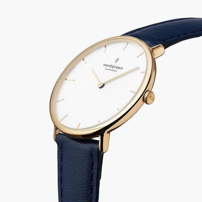 NR36GOLENAXX NR40GOLENAXX &Native men's watch with white face in gold with blue leather straps