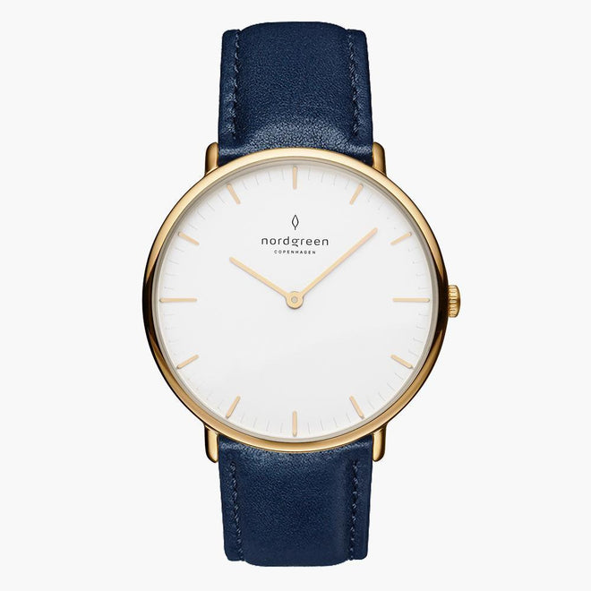 NR36GOLENAXX NR40GOLENAXX &Native men's watch with white face in gold with blue leather straps