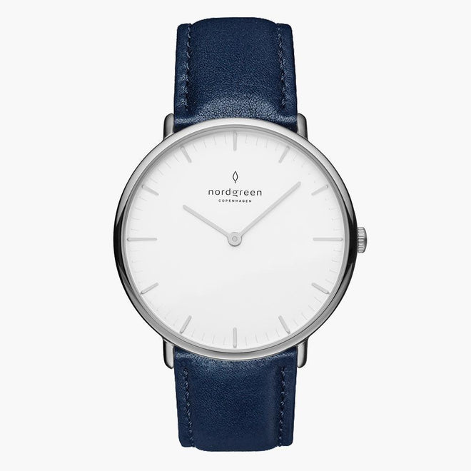 NR36SILENAXX NR40SILENAXX &Native men's watch with white face in silver with blue leather straps