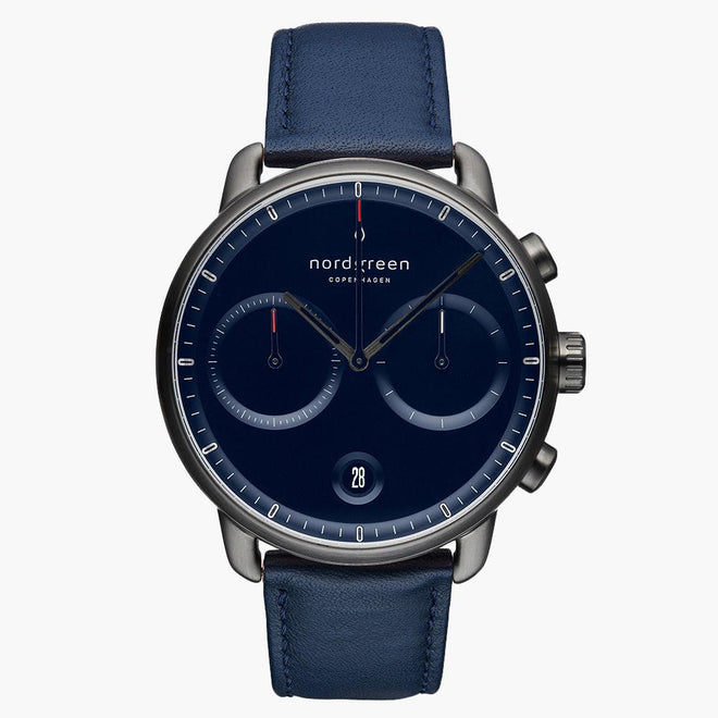 PI42GMLENANA &Men's blue dial watches in gunmetal with blue leather straps