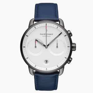 PI42GMLENAXX &Gunmetal men's watch with white face and blue leather strap