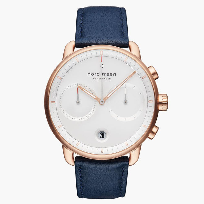 PI42RGLENAXX &Rose gold men's watch with white face and blue leather strap