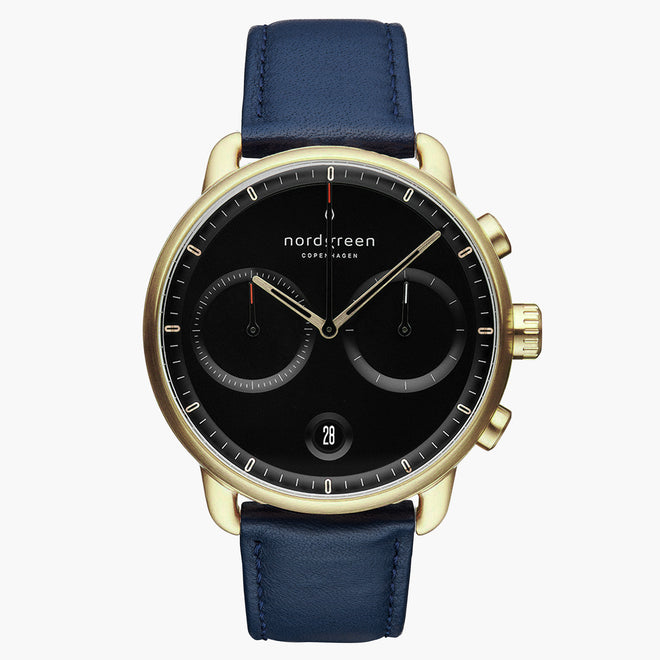 PI42GOLENABL &Pioneer black gold men's watch with blue leather strap