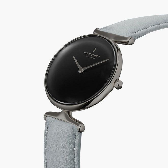 UN28GMVEDOBL UN32GMVEDOBL &Unika black dial women's watch in gunmetal with grey vegan strap