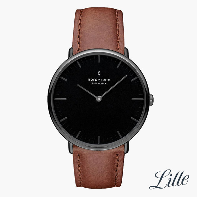 NR32GMLEBRBL NR28GMLEBRBL &Native black dial women's watch in gunmetal with brown leather straps