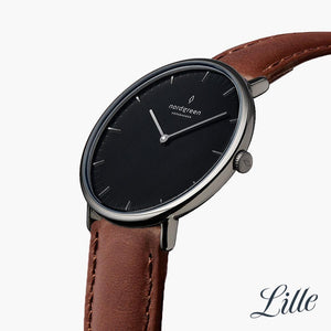 NR32GMLEBRBL NR28GMLEBRBL &Native black dial women's watch in gunmetal with brown leather straps