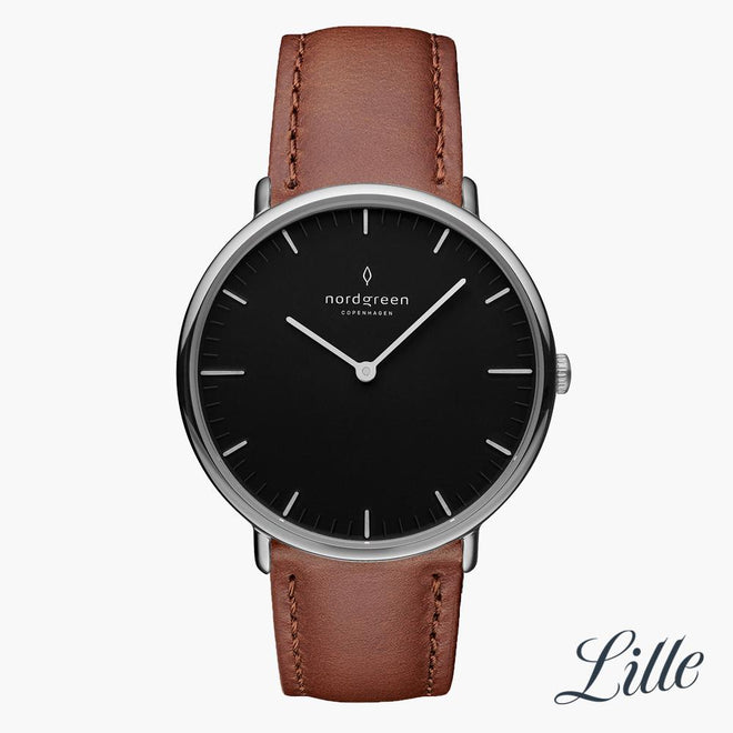 NR32SILEBRBL NR28SILEBRBL &Native black dial women's watch in silver with brown leather straps