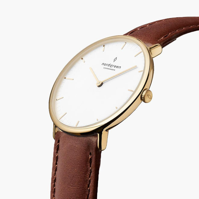 NR36GOLEBRXX NR40GOLEBRXX &Native men's watch with white face in gold with brown leather straps