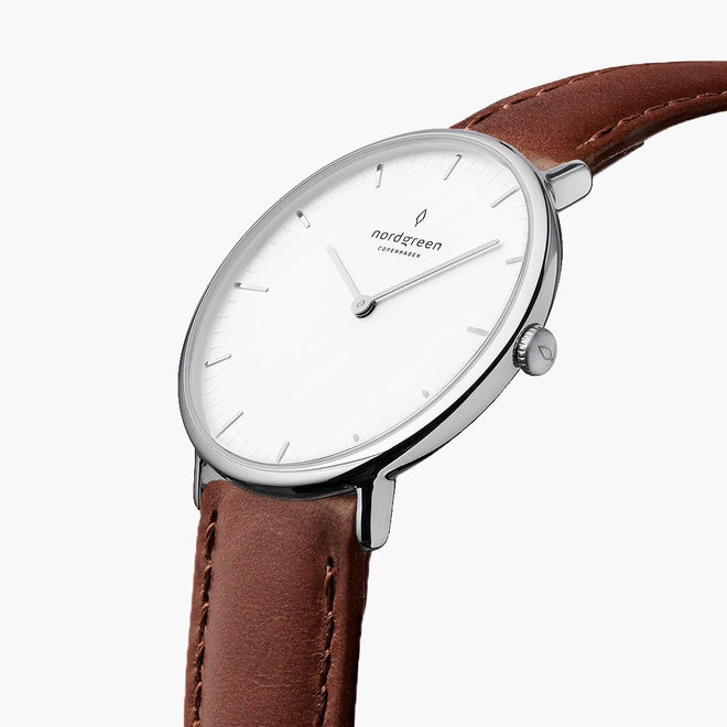 NR36SIVEBRXX NR40SIVEBRXX &Native men's watch with white face in silver with brown vegan straps