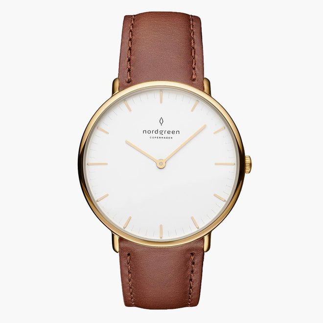 NR36GOVEBRXX NR40GOVEBRXX &Native men's watch with white face in gold with brown vegan straps
