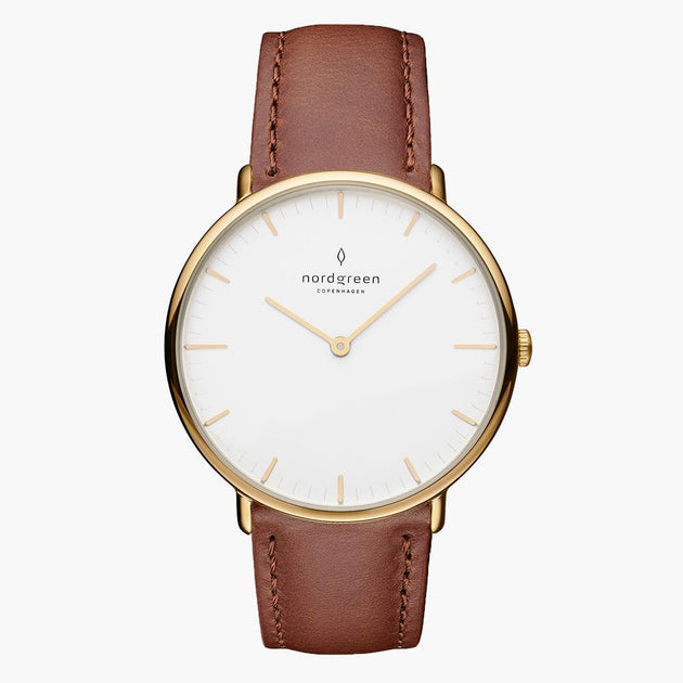 NR36GOLEBRXX NR40GOLEBRXX &Native men's watch with white face in gold with brown leather straps