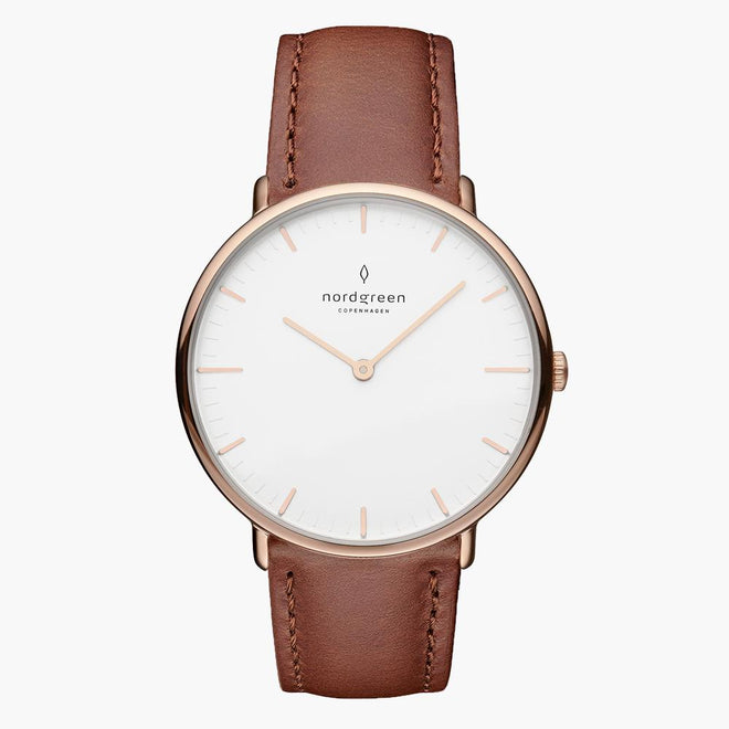 NR36RGLEBRXX NR40RGLEBRXX &Native men's watch with white face in rose gold with brown leather straps