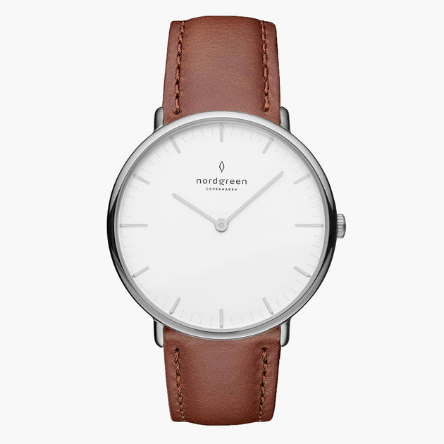 NR36SIVEBRXX NR40SIVEBRXX &Native men's watch with white face in silver with brown vegan straps