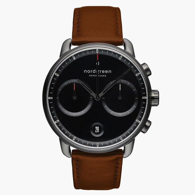 PI42GMVEBRBL &Pioneer vegan men's tan leather watch in gunmetal with black dial