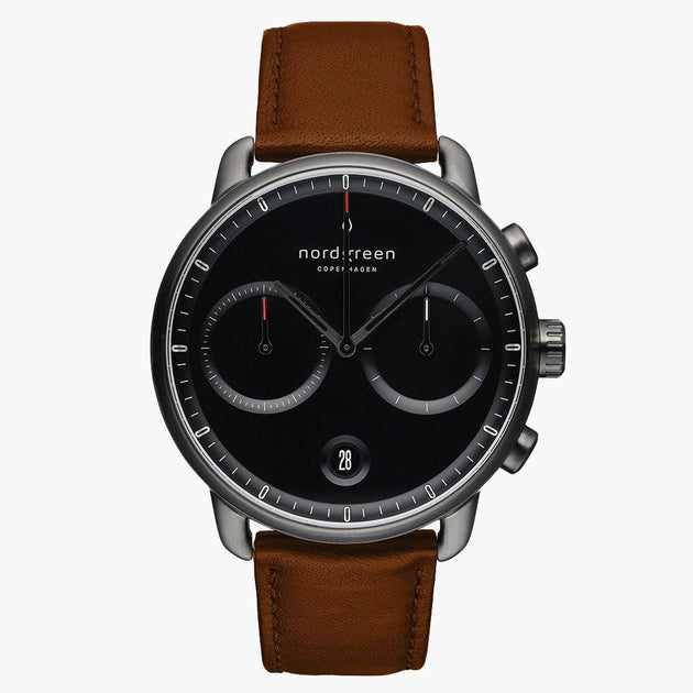 PI42GMLEBRBL &Pioneer men's tan leather watch in gunmetal with black dial