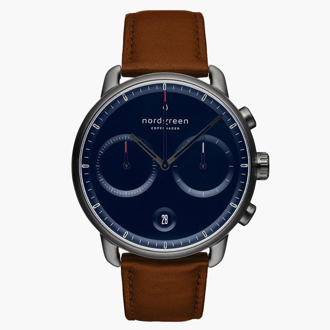 PI42GMLEBRNA &Men's blue dial watches in gunmetal with brown leather straps