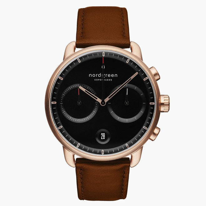 PI42RGLEBRBL &Pioneer men's tan leather watch in rose gold with black dial