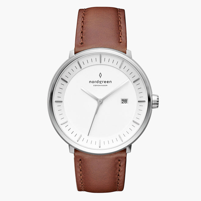 PH36SIVEBRXX PH40SIVEBRXX &Philosopher vegan men's tan leather watch in silver with white dial