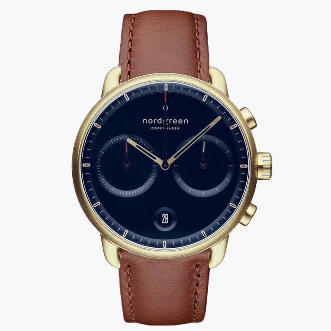 PI42GOLEBRNA &Gold and blue men's watch with brown leather strap