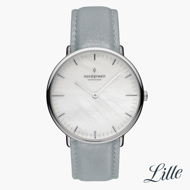 NR28SIVEDOMP NR32SIVEDOMP &Native mother of pearl watch in silver with grey vegan leather strap