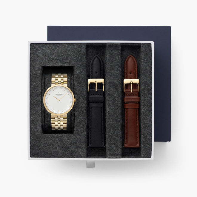 Infinity - BUNDLE White Dial Gold | Gold 5-Link / Brown / Black Leather Straps
