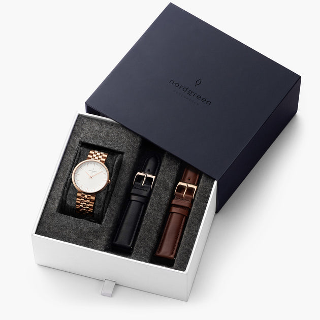 Infinity - BUNDLE White Dial Rose Gold | Rose Gold 5-Link / Black / Brown Leather Straps