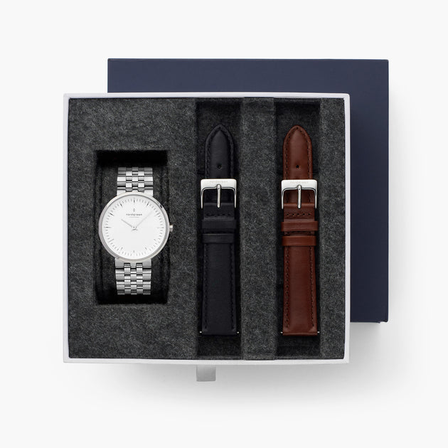 Infinity - BUNDLE White Dial Silver | Silver 5-Link / Black / Brown Leather Straps