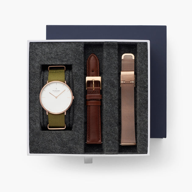 Native - BUNDLE White Dial Rose Gold | Olive Green Nato / Brown Leather / Rose Gold Mesh Straps