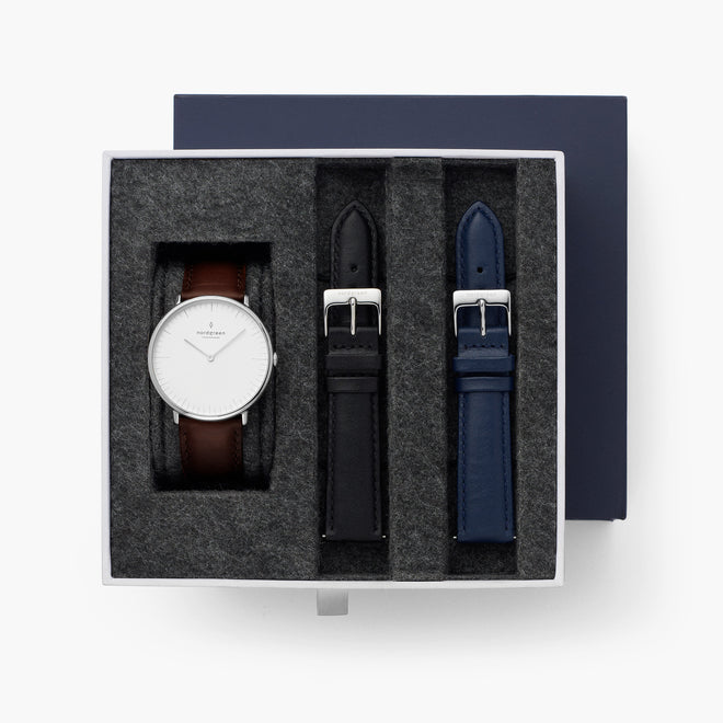 Native - BUNDLE White Dial Silver | Brown Leather / Black Leather / Navy Leather Straps