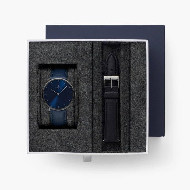 Native - BUNDLE Navy Dial | Gun Metal Black Leather / Navy Leather Straps