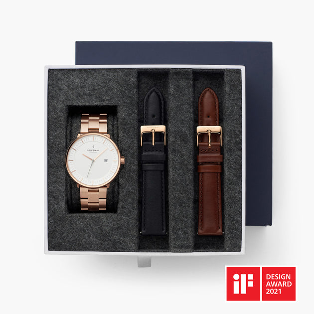 Philosopher - BUNDLE White Dial Rose Gold | Rose Gold 3-Link / Black / Brown Leather Straps