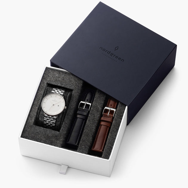 Philosopher - BUNDLE White Dial Silver | Silver 5-Link / Black / Brown Leather Straps