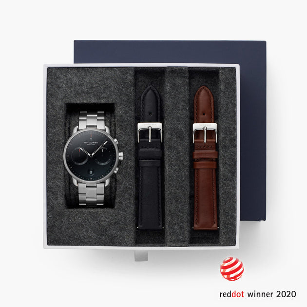 Pioneer - BUNDLE Black Dial Silver | Silver 3-Link / Black / Brown Leather Straps