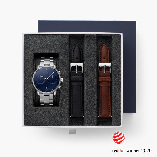 Pioneer - BUNDLE Navy Dial Silver | Silver 3-Link / Black / Brown Leather Straps