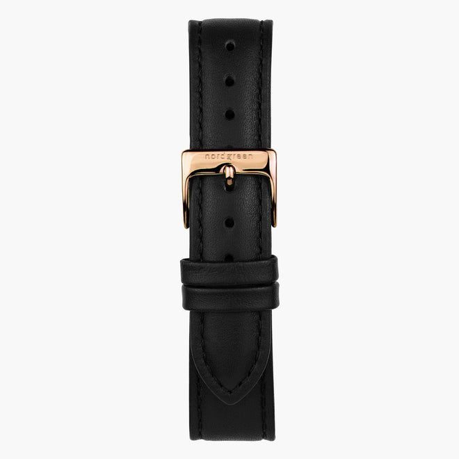 ST16BRRGLEBL &16mm leather watch strap in black with rose gold buckle