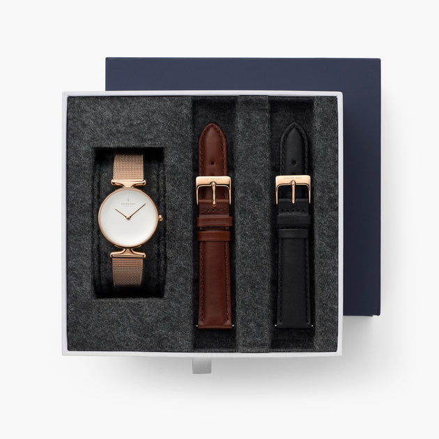 Unika - BUNDLE White Dial Rose Gold | Rose Gold Mesh / Black / Brown Leather Straps