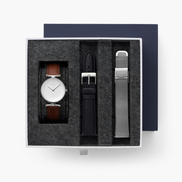 Unika - BUNDLE White Dial Silver |  Brown / Black Leather / Silver Mesh Straps