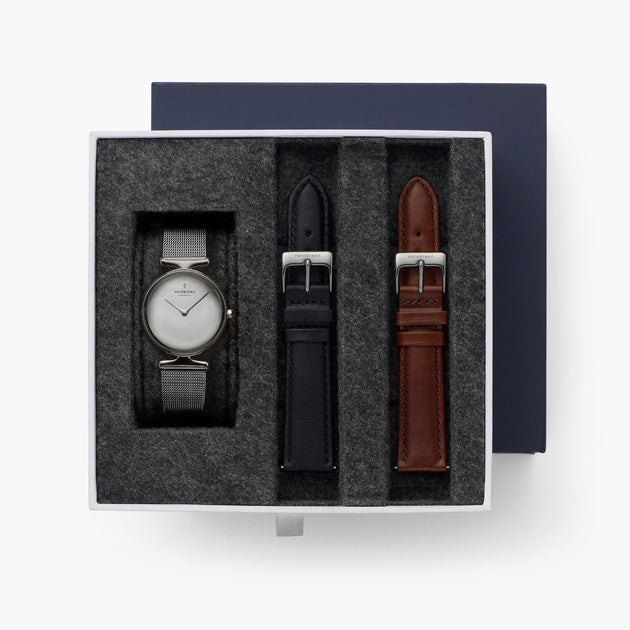 Unika - BUNDLE Polished Metal Dial Gun Metal | Mesh	 / Black Leather / Brown Leather Straps