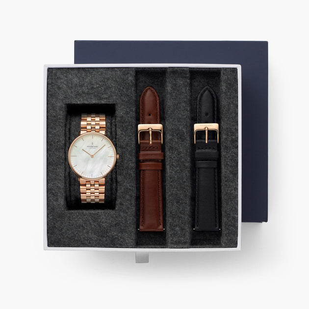 Native - BUNDLE Mother of Pearl Dial Rose Gold | 5-Link / Brown Leather / Black Leather Straps