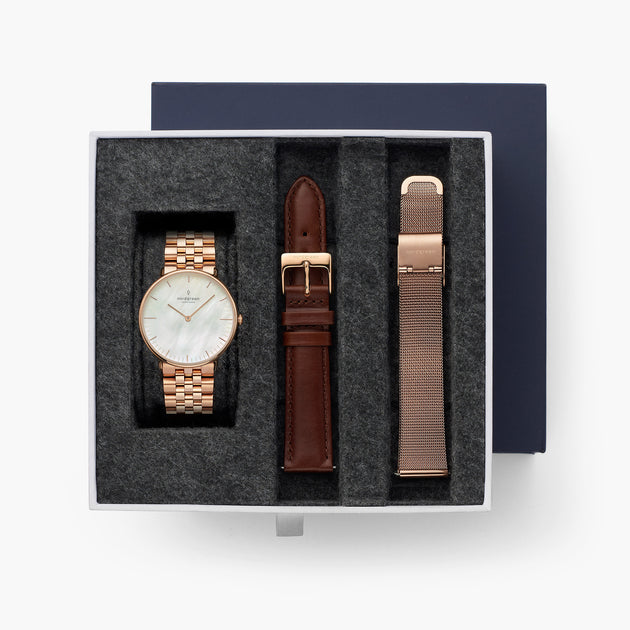 Native - BUNDLE Mother of Pearl Dial Rose Gold |  5-Link / Brown Leather / Mesh Straps