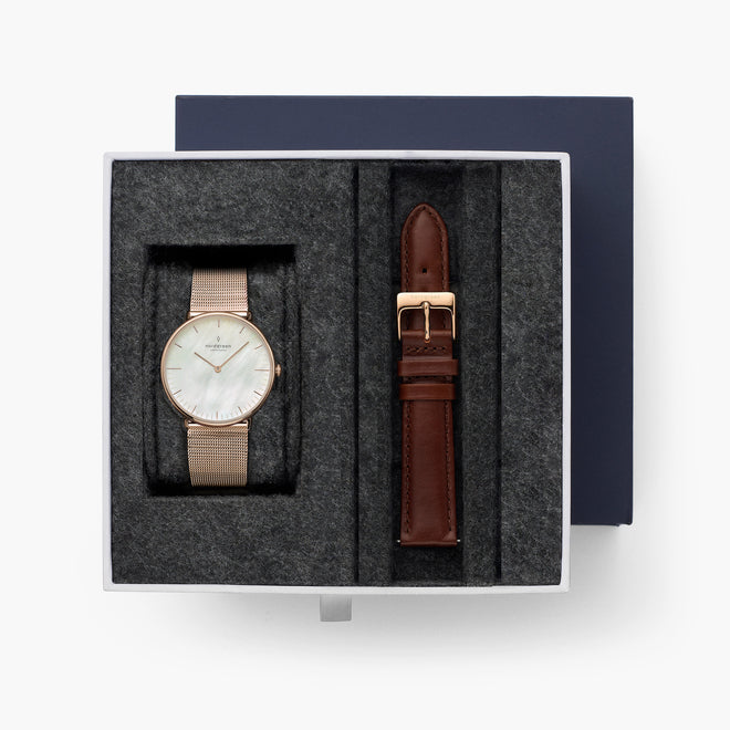 Native - BUNDLE Mother of Pearl Dial Rose Gold | Mesh / Brown Leather Straps
